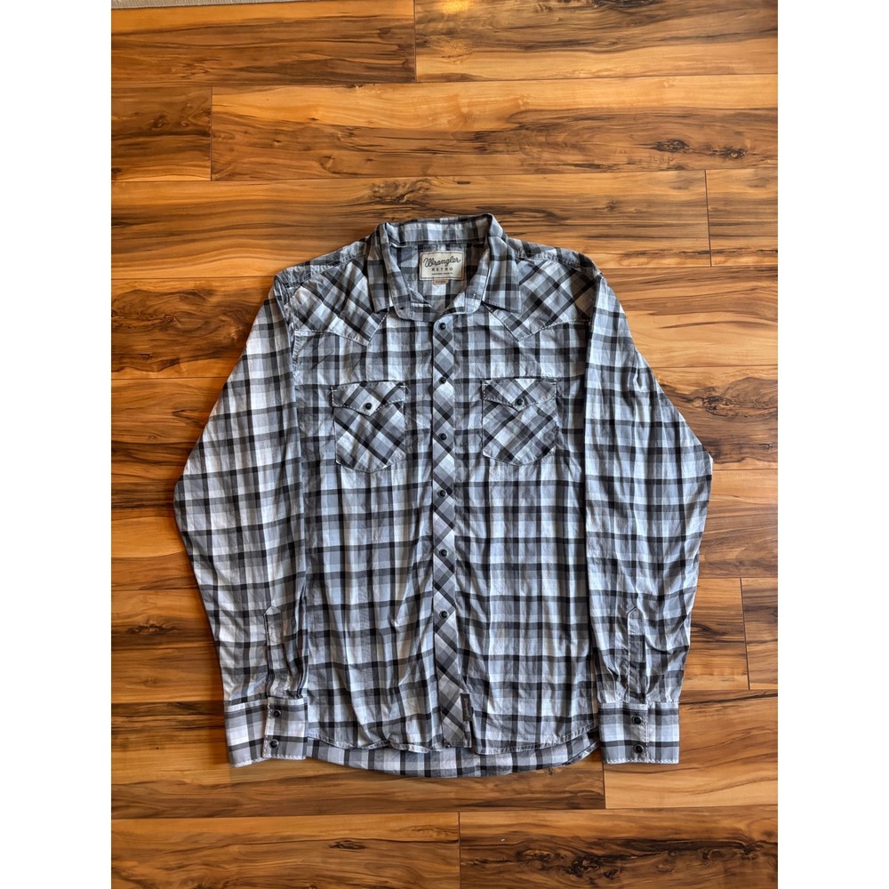 Wrangler Retro Mens XL Black White Plaid Long Sleeve Western Snap Shirt MVR361M